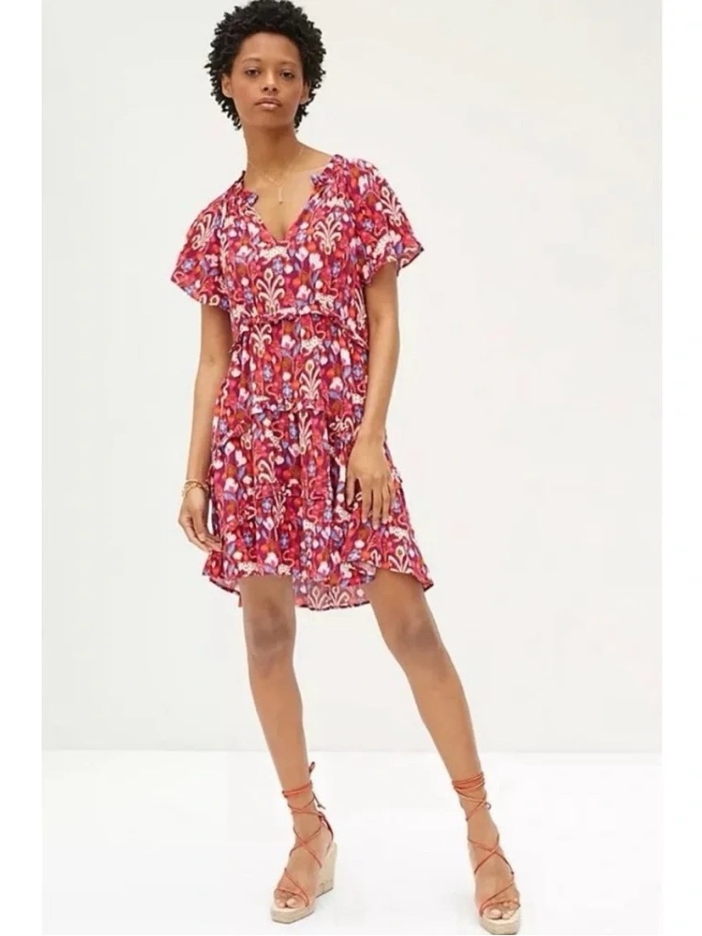 By Anthropologie Robin Tiered Mini Red Printed Patterned Dress in Size XS